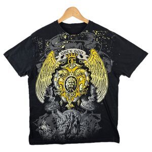 Vintage Obey God AOP Angel Lion Cyber Goth Shirt L Affliction Style Grunge Y2K